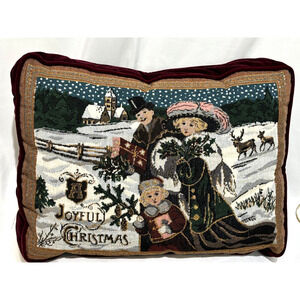 Rare Christmas Winter Victorian Family w/Gifts Tapestry Throw Pillow Decor 12x17
